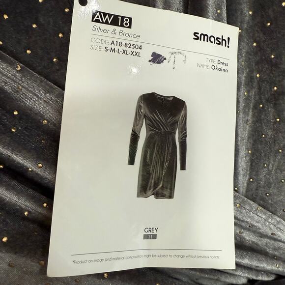 NWT Smash! Okaina Grey Velvet Wrap‎ Dress Gold Dots Velvetcore Women's Small - Picture 8 of 16